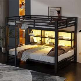 Metal Queen Over Queen Bunk Bed With Storage Cabinets And LED