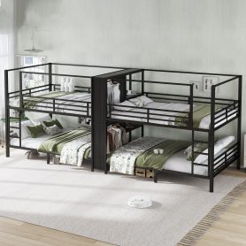 Queen Size Quadruple Metal Bunk Bed With Built-in Storage Shelves & Wardrobe
