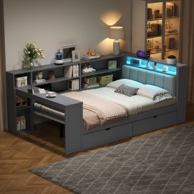 Wood Full Size Platform Bed with Storage Shelves, Drawers, Charging Station, LED, Desk and Upholstered Headboard