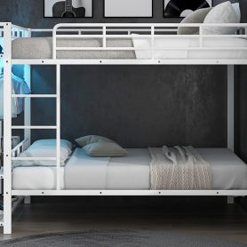 Full Size Metal Bunk Bed With Storage Mesh Shelves, Clothes Hooks And LED Light