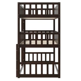 Twin Size Triple Rubber Wood Bunk Bed, with Ladders and Guardrails