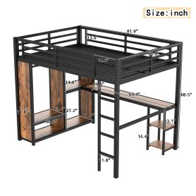 Metal Queen Size Loft Bed Frame with Built-in Wardrobe,  Desk and Storage Shelves