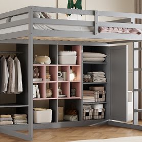 Full Size Wood Loft Bed with Wardrobe, Shelves and Cabinet