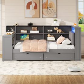 Wood Twin Size Platform Bed with Storage Shelves, Drawers, Charging Station, LED, Desk and Upholstered Headboard