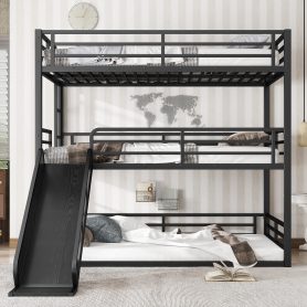 Metal Full Over Full Over Full Bunk Bed With Slide, and Safety Guardrails