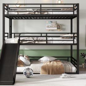 Metal Queen Over Queen Over Queen Bunk Bed With Slide, and Safety Guardrails