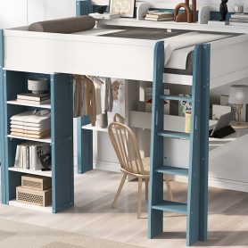 Full Size Wood Loft Bed With Built-in Storage Shelves, Clothes Rails And Desk