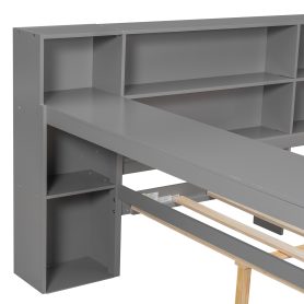 Wood Full Size Platform Bed with Storage Shelves, Drawers, Charging Station, LED, Desk and Upholstered Headboard