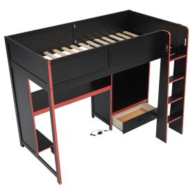 Wood Twin Size Gaming Loft Bed with Built-in Desk, Wardrobe, LED and a Drawer