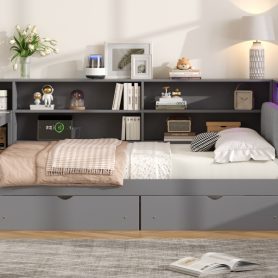 Wood Full Size Platform Bed with Storage Shelves, Drawers, Charging Station, LED, Desk and Upholstered Headboard