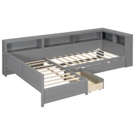 Wood Twin Size L-shaped Platform Bed with Trundle and a Drawer