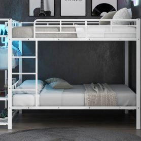 Full Size Metal Bunk Bed With Storage Mesh Shelves, Clothes Hooks And LED Light