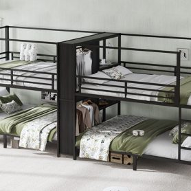 Queen Size Quadruple Metal Bunk Bed With Built-in Storage Shelves & Wardrobe