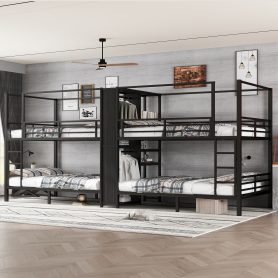 Full Size Quadruple Metal Bunk Bed With Built-in Storage Shelves & Wardrobe