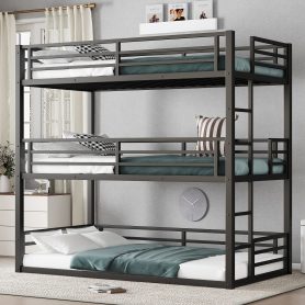 Metal Twin Over Twin Over Twin Bunk Bed With Safety Guardrail