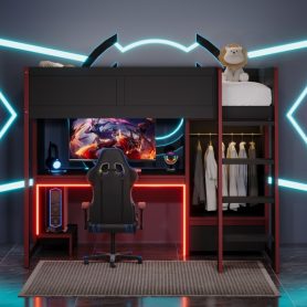 Wood Twin Size Gaming Loft Bed with Built-in Desk, Wardrobe, LED and a Drawer