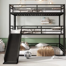 Metal Queen Over Queen Over Queen Bunk Bed With Slide, and Safety Guardrails