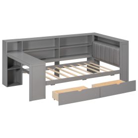 Wood Twin Size Platform Bed with Storage Shelves, Drawers, Charging Station, LED, Desk and Upholstered Headboard