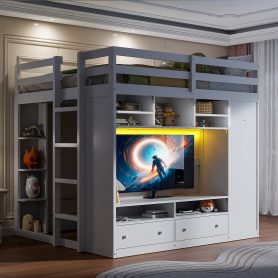 Full Size Loft Bed With Drawers, Shelves And Light