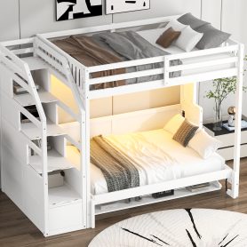 Full Xl Size Loft Bed With Storage Staircase And Full Size Murphy Bed With LED Light