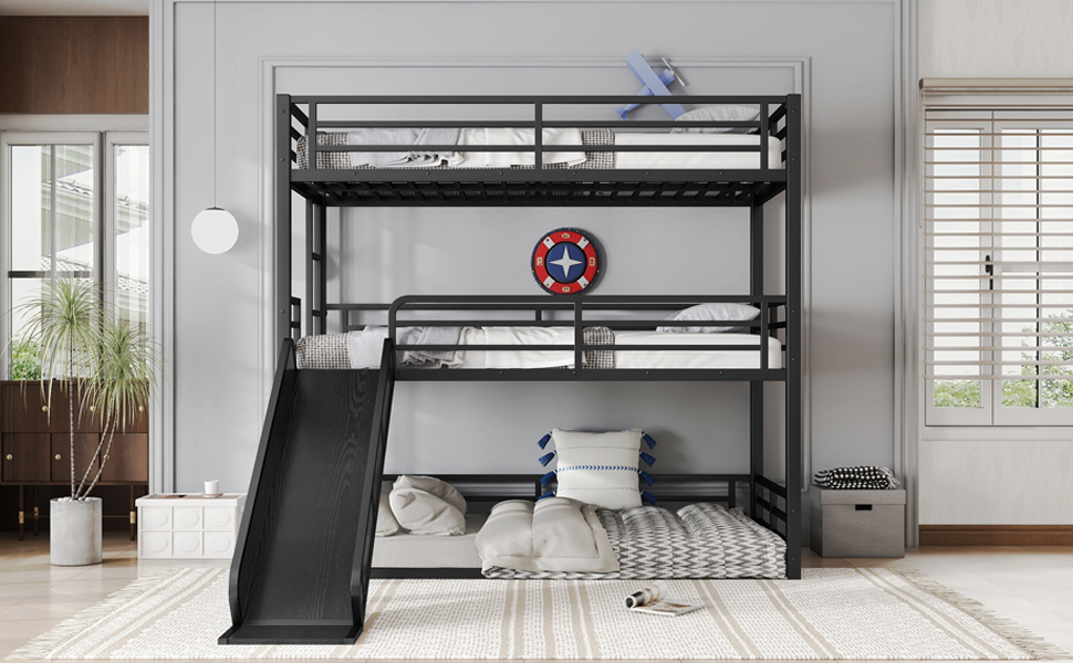 Metal Twin Xl Over Twin Xl Over Twin Xl Bunk Bed With Slide, and Safety Guardrails 15 Metal Twin Xl Over Twin Xl Over Twin Xl Bunk Bed With Slide, and Safety Guardrails