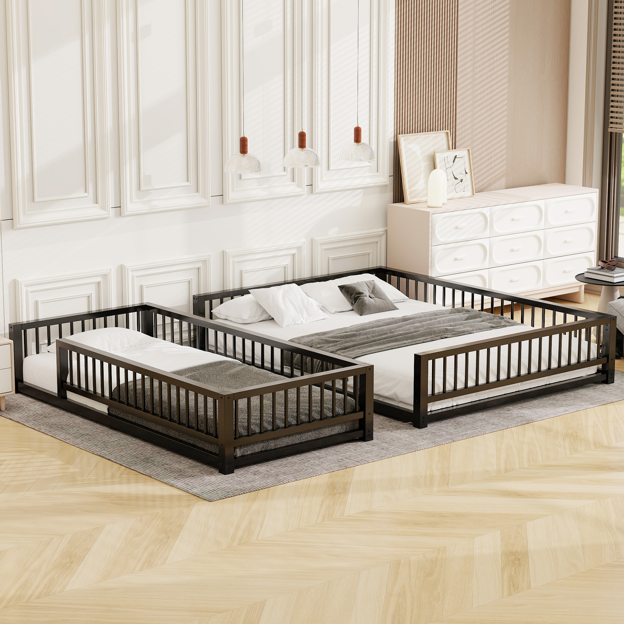 Twin XL over Queen Floor Bunk Bed with Ladder and Safety Guardrails