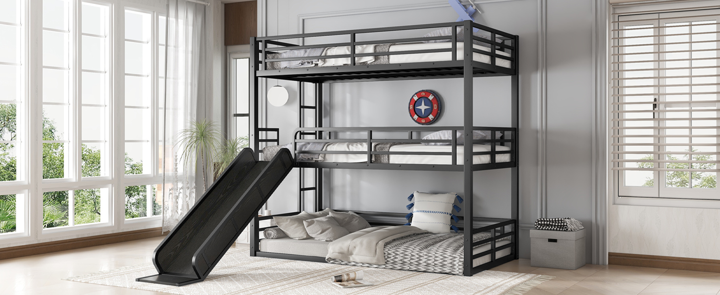 Metal Twin Xl Over Twin Xl Over Twin Xl Bunk Bed With Slide, and Safety Guardrails 20 Metal Twin Xl Over Twin Xl Over Twin Xl Bunk Bed With Slide, and Safety Guardrails