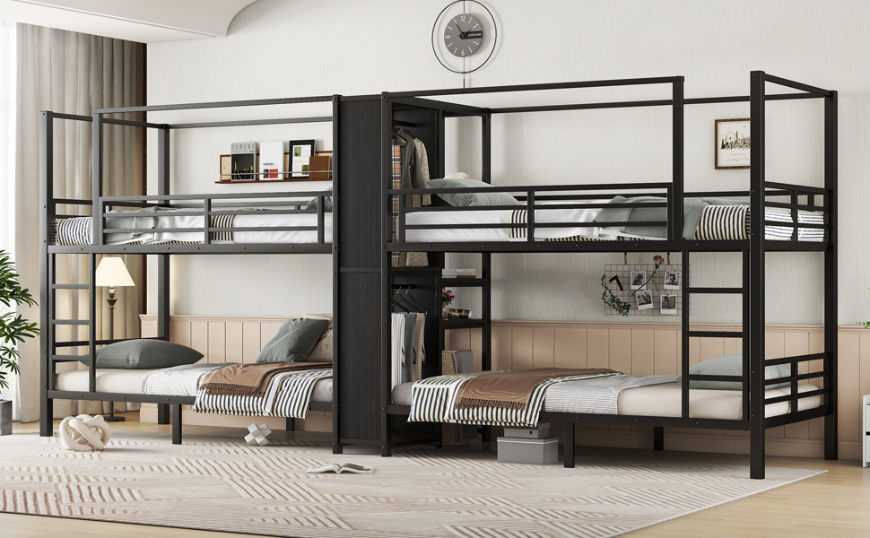 Twin Size Quadruple Metal Bunk Bed With Built-in Storage Shelves & Wardrobe 15 Twin Size Quadruple Metal Bunk Bed With Built-in Storage Shelves & Wardrobe