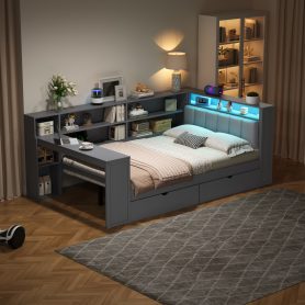 Wood Full Size Platform Bed with Storage Shelves, Drawers, Charging Station, LED, Desk and Upholstered Headboard