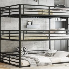 Metal Queen Over Queen Over Queen Bunk Bed With Safety Guardrails