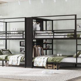Queen Size Quadruple Metal Bunk Bed With Built-in Storage Shelves & Wardrobe