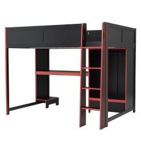 Wood Full Size Gaming Loft Bed With Built-in Desk, Wardrobe, Led And A Drawer