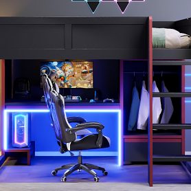 Wood Full Size Gaming Loft Bed With Built-in Desk, Wardrobe, Led And A Drawer
