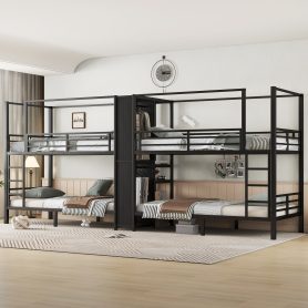 Twin Size Quadruple Metal Bunk Bed With Built-in Storage Shelves & Wardrobe
