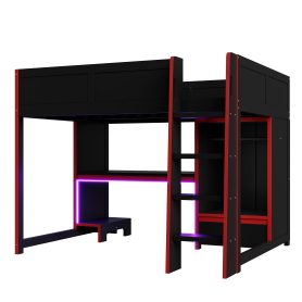 Wood Full Size Gaming Loft Bed With Built-in Desk, Wardrobe, Led And A Drawer