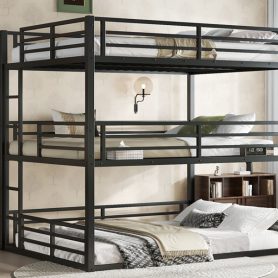 Metal Queen Over Full Xl Over Queen Bunk Bed With Safety Guardrails