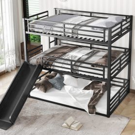 Metal Full Over Full Over Full Bunk Bed With Slide, and Safety Guardrails