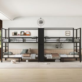 Twin Size Quadruple Metal Bunk Bed With Built-in Storage Shelves & Wardrobe
