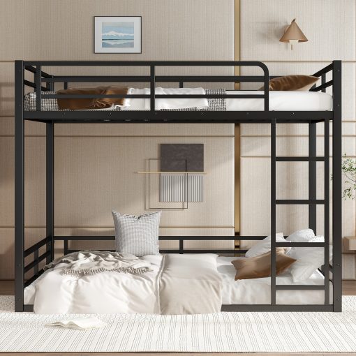 Metal Bunk Bed, Full Xl Over Full Xl Floor Bunk Bed Frame,heavy-duty Bunk Bed For Kids, Teens, Adults, Noise-reduced Design, Black