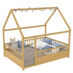 Full Size Wooden Floor Bed with House Roof Frame and Fence Guardrails