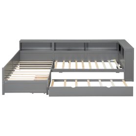 Wood Twin Size L-shaped Platform Bed with Trundle and a Drawer