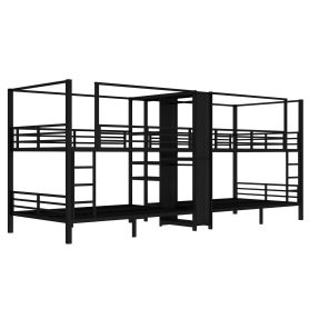Full Size Quadruple Metal Bunk Bed With Built-in Storage Shelves & Wardrobe