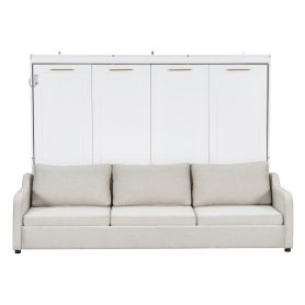 Queen Size Murphy Cabinet Bed with Folding Sofa,Built-in Storage Shelves and LED Light