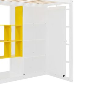 Twin Size Wood Loft Bed With Wardrobe, Shelves And  Cabinet