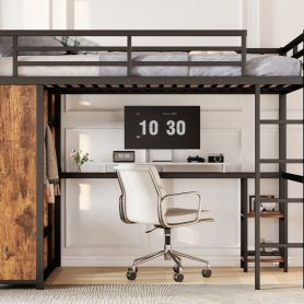 Metal Queen Size Loft Bed Frame with Built-in Wardrobe,  Desk and Storage Shelves