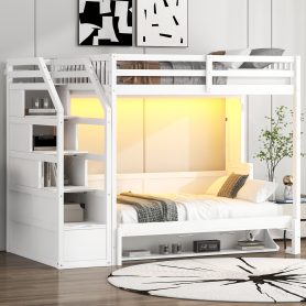 Full Xl Size Loft Bed With Storage Staircase And Full Size Murphy Bed With LED Light