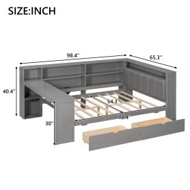 Wood Full Size Platform Bed with Storage Shelves, Drawers, Charging Station, LED, Desk and Upholstered Headboard