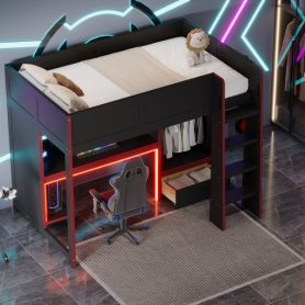 Wood Twin Size Gaming Loft Bed with Built-in Desk, Wardrobe, LED and a Drawer