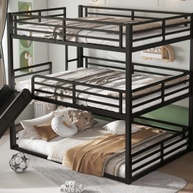 Metal Queen Over Queen Over Queen Bunk Bed With Slide, and Safety Guardrails