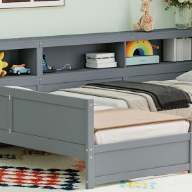 Wood Twin Size L-shaped Platform Bed with Trundle and a Drawer
